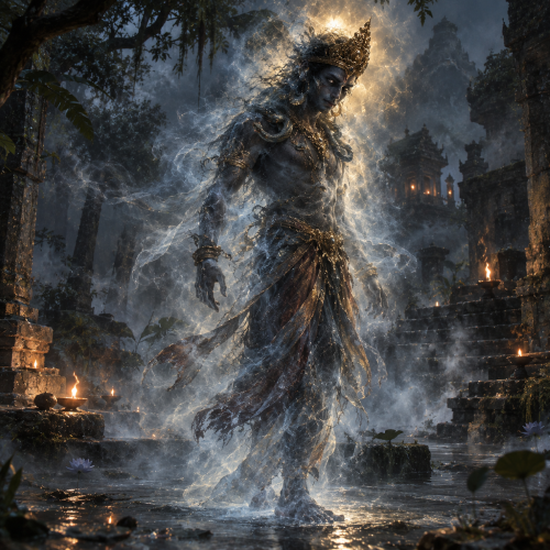 Kalu Kumara, the Black Prince of Sri Lankan folklore, appearing as a translucent crowned spirit