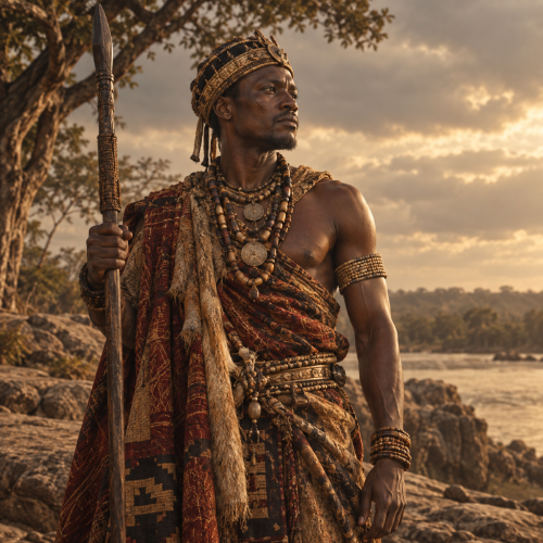 Kongolo, a legendary Songye ancestor, portrayed as a precolonial African ruler standing beside a river