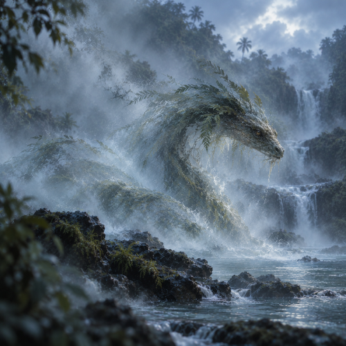 Kuna, the supernatural moʻo of Hawaiian mythology, emerges as a translucent reptilian spirit from a mist-covered river