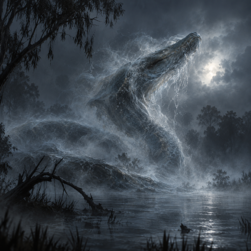 Kurrea, the giant water serpent of Aboriginal Australian traditions, rising from a mist-covered lagoon
