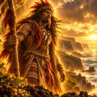 Mythlok - Kuwahailo Kuwahailo, the fearsome deity of Hawaiian mythology, stands on a rugged volcanic coastline wearing traditional-inspired feathered adornments and woven garments