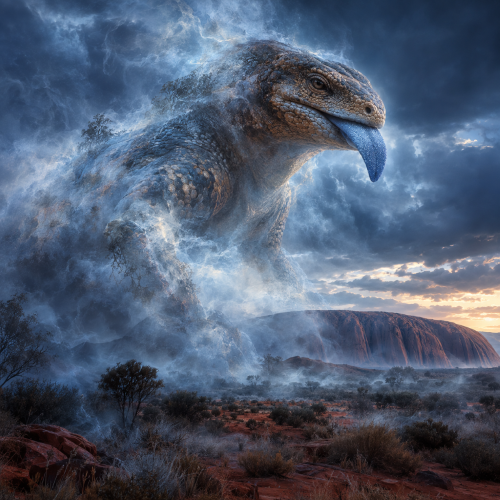 Lungkata, the blue-tongued lizard ancestral spirit, emerging as a translucent figure from blue mist over the Uluru landscape.