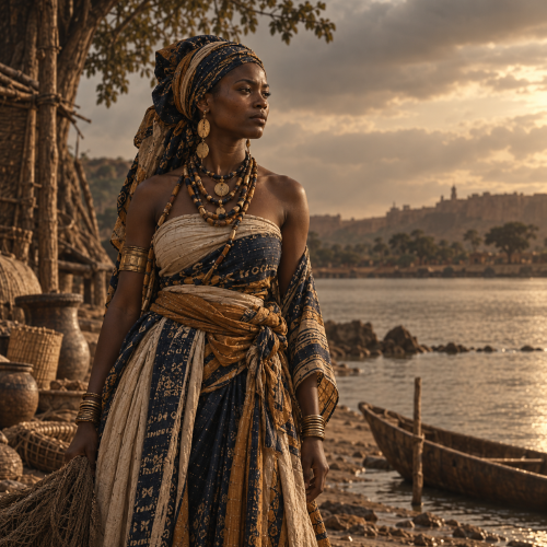 Mame Ndeye Kumba, a Wolof spiritual figure, portrayed as a West African woman in traditional indigo and ochre garments