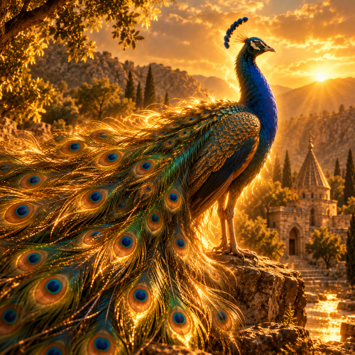 Melek Taus, the Peacock Angel of Yezidi mythology, depicted as a majestic blue peacock with an expansive, luxurious tail