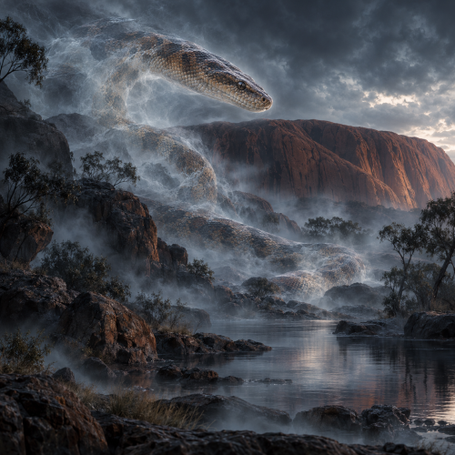 Minyma Kuniya, the ancestral woma python woman of Aṉangu tradition, appears as a translucent serpent spirit dissolving into mist above a rocky waterhole, with Uluru rising in the cool, blue-grey landscape.