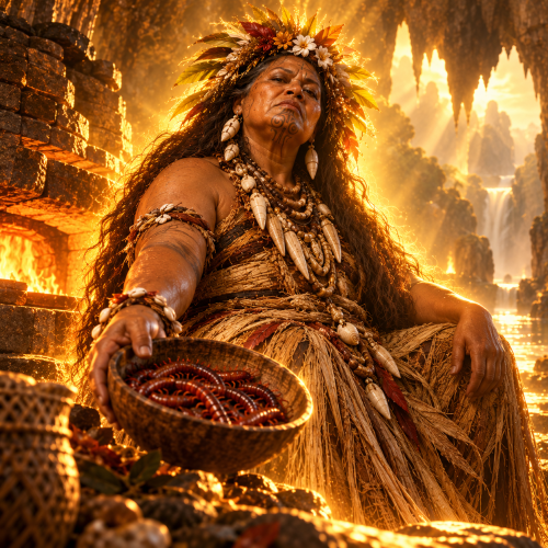 Miru, the fearsome Cook Islands underworld goddess, seated in a golden-lit cavern wearing woven garments