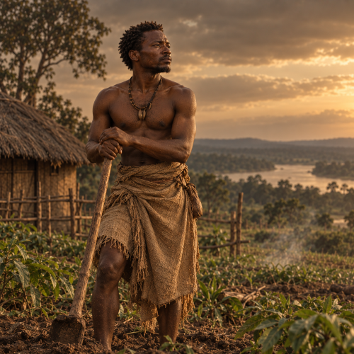 Mwana Wuta, a Suku culture hero, stands with a wooden hoe in a rural village landscape