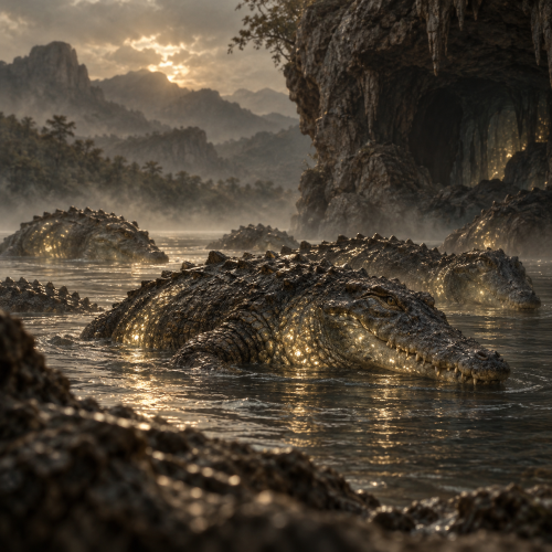 Nanabolele, luminous crocodilian beings from Sotho mythology, emerging from a misty river