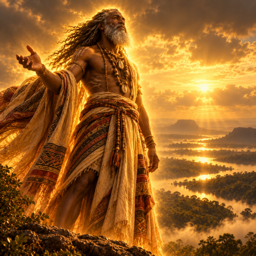 Ndzambyaphuungu, the creator deity of Yaka tradition, depicted as a majestic elder with flowing grey dreadlocks and a white beard