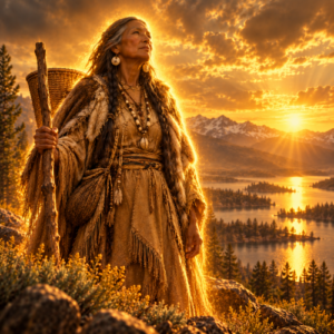 Nentašu, the Washoe creator figure, stands in traditional earth-toned buckskin garments with a fur mantle and woven accessories
