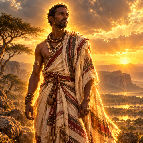 Nidar, the Somali deity of justice and punishment, standing in traditional woven garments