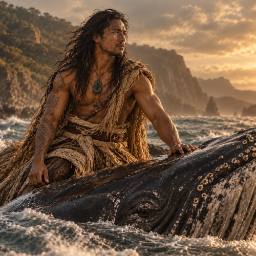 Paikea, the legendary Māori whale rider, sits astride a humpback whale in the ocean off the rugged coast of Aotearoa