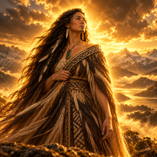 Poharua Te Pō, the ancestral goddess of Māori tradition, wearing a traditional woven korowai cloak and pounamu pendant