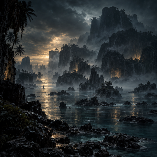 Pulotu in Tongan mythology, a mysterious ancestral underworld depicted as a mist-covered tropical realm of towering volcanic islands
