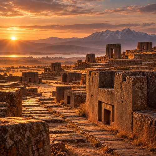 Puma Punku’s ancient stone ruins in Bolivia at sunset