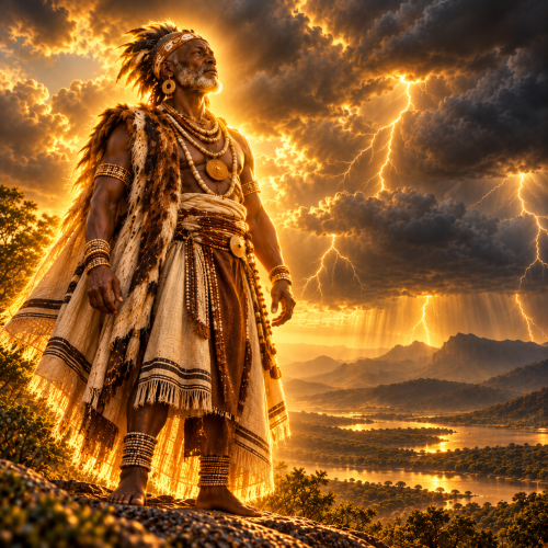 Raluvhimba, the Venda creator god, stands beneath storm clouds with prominent lightning