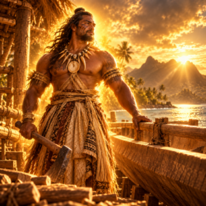 Rokola, the Fijian god of carpenters and canoe builders, holding a traditional adze beside a carved canoe