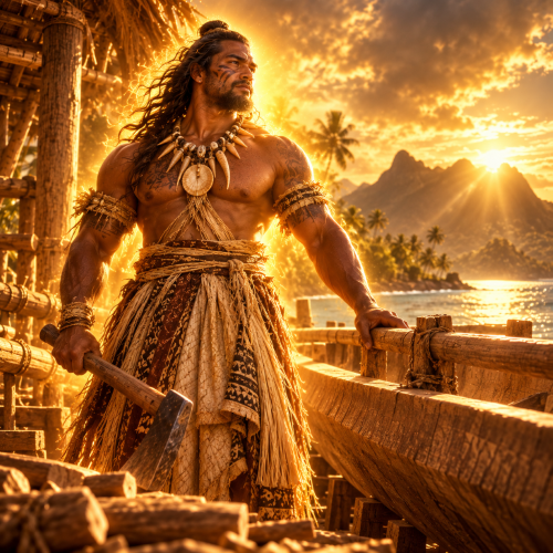 Rokola, the Fijian god of carpenters and canoe builders, holding a traditional adze beside a carved canoe