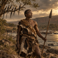 Mythlok - Sikulume Sikulume, the Xhosa folk hero, stands beside a rocky river holding a traditional spear, with seven extraordinary birds perched on a tree branch behind him