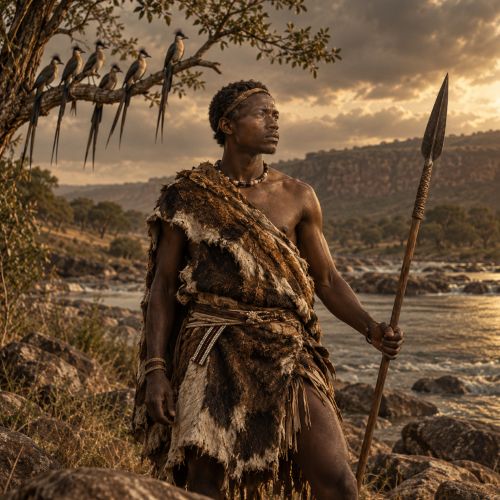 Sikulume, the Xhosa folk hero, stands beside a rocky river holding a traditional spear, with seven extraordinary birds perched on a tree branch behind him