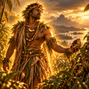 Suqe-matua, the contrary god of Vanuatu mythology, stands amid lush tropical vegetation holding a damaged fruit