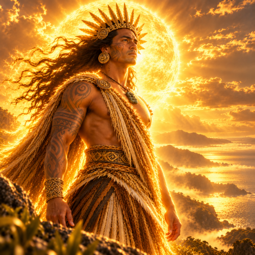Tama-nui-te-Rā, the Māori sun deity, stands against a radiant golden sun, wearing a feathered crown, traditional woven garments, carved ornaments, and Māori-inspired tattoos