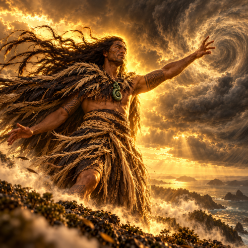 Tāwhirimātea, the Māori atua of winds and storms, commands swirling winds and turbulent storm clouds from a rugged coastal landscape