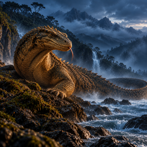 Te Ngārara Huarau, the giant reptilian taniwha of Māori tradition, rests on rocky terrain beside rushing water