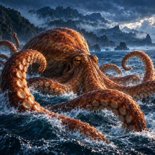 Te Wheke-o-Muturangi, the giant octopus of Māori tradition, rises from a turbulent blue-grey ocean