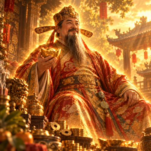 Than Tai, the Vietnamese God of Wealth, seated in an ornate red-and-gold embroidered robe and ceremonial headdress, holding a golden ingot