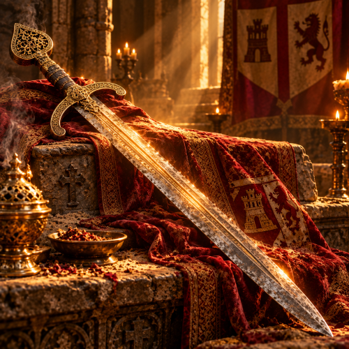 Tizona, the legendary sword of El Cid, rests on a crimson ceremonial altar with intricate engravings