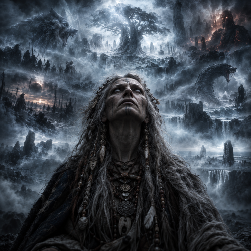 Völuspá seeress foreseeing Ragnarök, surrounded by a cold, stormy Norse landscape, Yggdrasill, Fenrir, the Midgard Serpent, and distant forces of destruction.