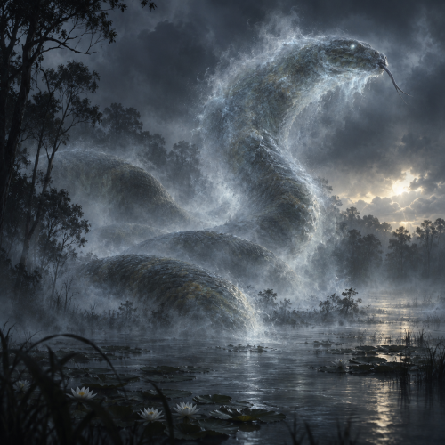 Wititj, the ancestral Rainbow Serpent of Yolŋu tradition, emerging as a colossal translucent olive python from a mist-covered freshwater billabong