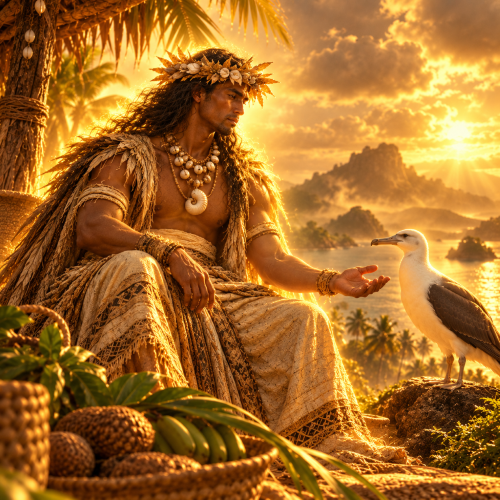Yalafath, the creator god of Yapese mythology, seated beside an albatross on a tropical island