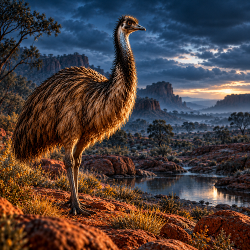 Yankirri, the ancestral emu of Warlpiri tradition, stands on a red-rock outcrop beside a waterhole