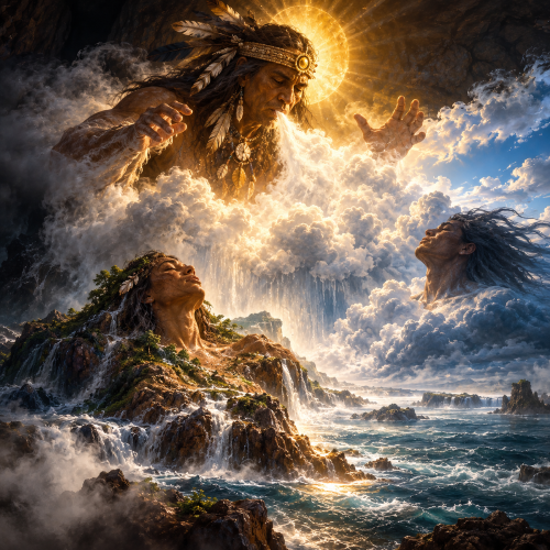Awonawilona creates the world in the Zuni Creation Story, transforming primordial mist into clouds and waters as Earth Mother and Sky Father emerge amid golden light and forming landscapes.