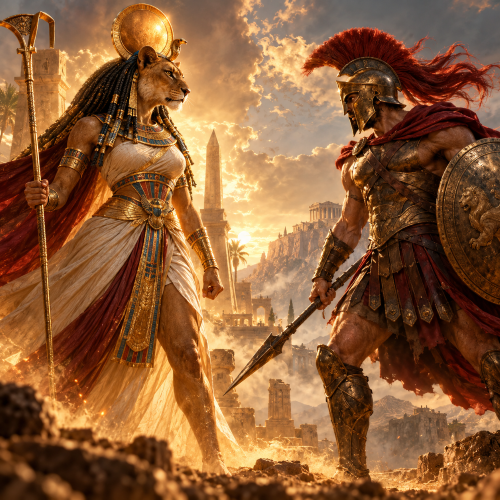 Sekhmet, the Egyptian lioness goddess of war, faces Ares, the Greek god of battle, amid ancient ruins under a dramatic golden sunset, both armed and surrounded by warm divine light.