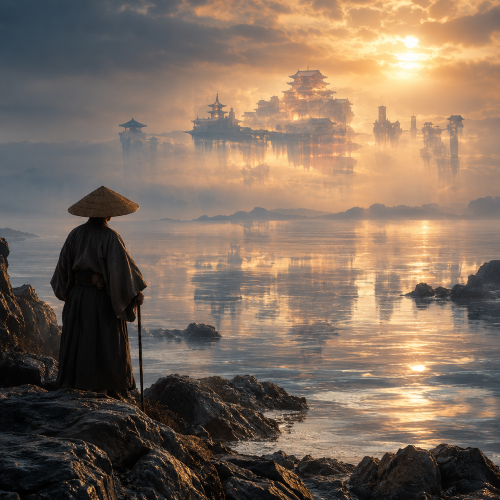 A Japanese pilgrim watches a shimmering mirage of a distant temple city floating above a calm sea at sunset.