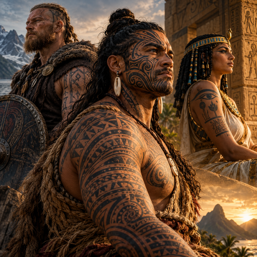 Tattooed Polynesian warrior, Norse warrior, and ancient Egyptian woman representing the cultural, spiritual, and mythological significance of tattoos across ancient civilisations.